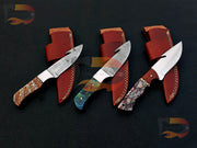 Lot of 3 Custom Handmade Damascus Hunting Knives Hunting, Gut Hook, Boot Knives for Collectors & Outdoors , Damascus . with leather Sheath