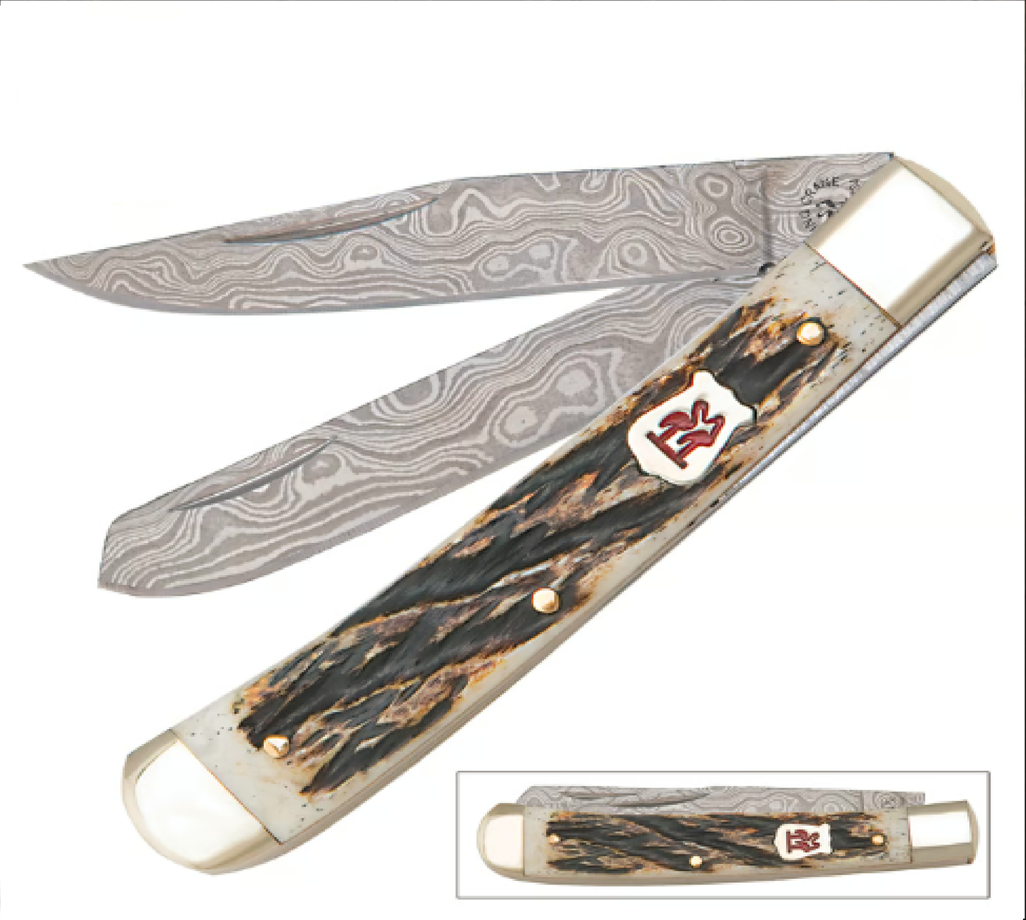 Burnt Bone Damascus Trapper Pocket Knife Folding knives Terror Defender 