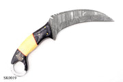 Beautiful handmade Damascus karambit knife handle made of camel bone and buffalo horn Hunting Terror Defender 