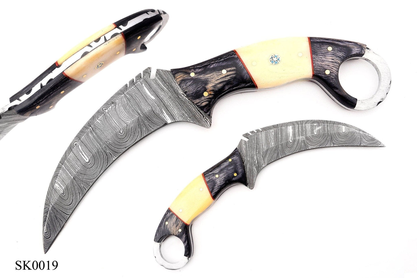 Beautiful handmade Damascus karambit knife handle made of camel bone and buffalo horn Hunting Terror Defender 