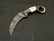 Beautiful handmade Damascus karambit knife handle made of camel bone and buffalo with Leather Sheath Hunting Terror Defender 