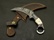 Beautiful handmade Damascus karambit knife handle made of camel bone and buffalo with Leather Sheath Hunting Terror Defender 