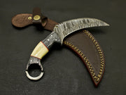 Beautiful handmade Damascus karambit knife handle made of camel bone and buffalo with Leather Sheath Hunting Terror Defender 