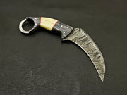 Beautiful handmade Damascus karambit knife handle made of camel bone and buffalo with Leather Sheath Hunting Terror Defender 