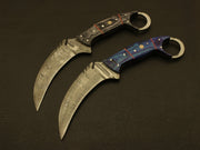 Combo of 2 :Beautiful handmade Damascus karambit knife handle made of buffalo horn and wood Hunting Terror Defender 