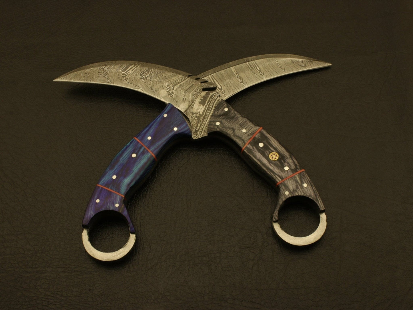 Combo of 2 :Beautiful handmade Damascus karambit knife handle made of buffalo horn and wood Hunting Terror Defender 