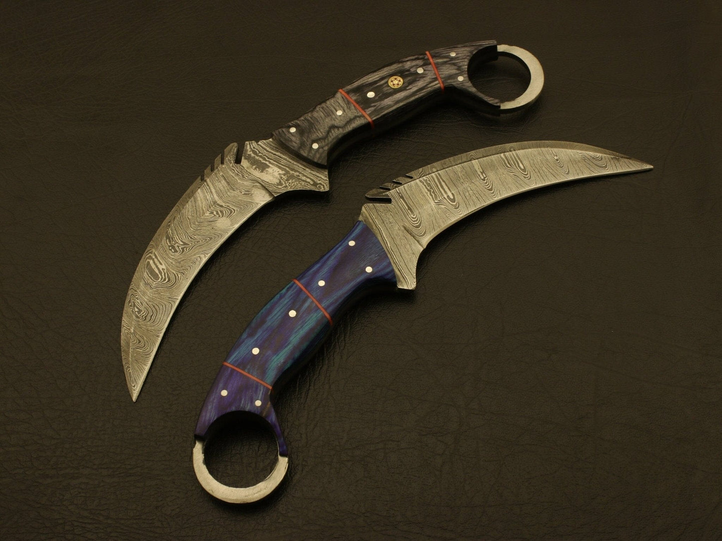 Combo of 2 :Beautiful handmade Damascus karambit knife handle made of buffalo horn and wood Hunting Terror Defender 