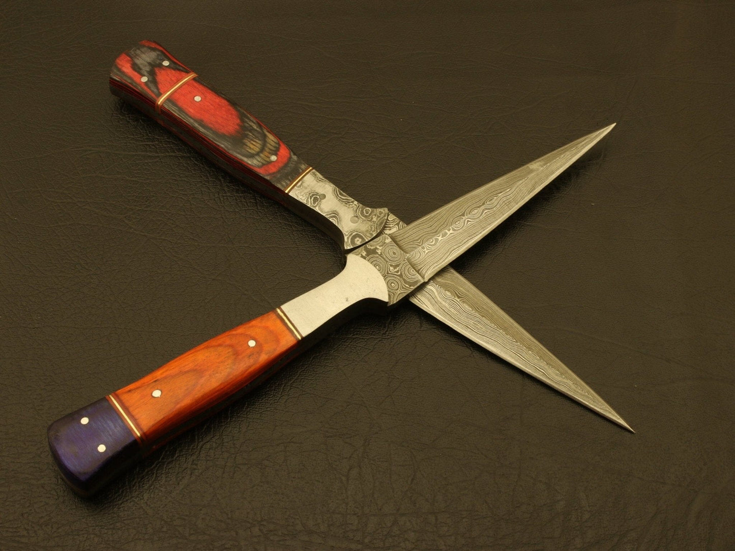 Combo Of 2 : Custom Handmade Damascus Steel Hunting Double Edge Dagger Boot Knife Hunting Terror Defender 