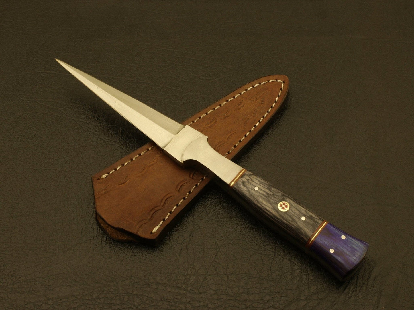 Combo of 2: Hand Forged Damascus Steel & D2 steel Hunting Double Edge Dagger Boot Knife with leather sheath Hunting Terror Defender 