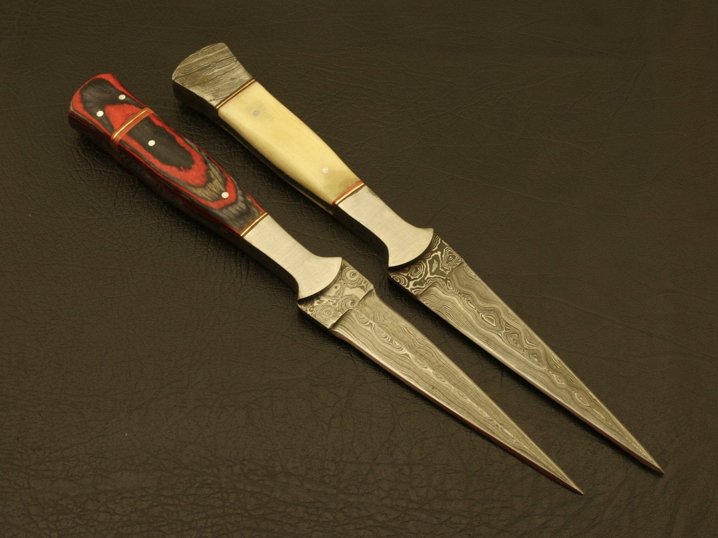 Combo of 2: Hand Forged Damascus Steel Hunting Double Edge Dagger Boot Knife with leather sheath Hunting Terror Defender 