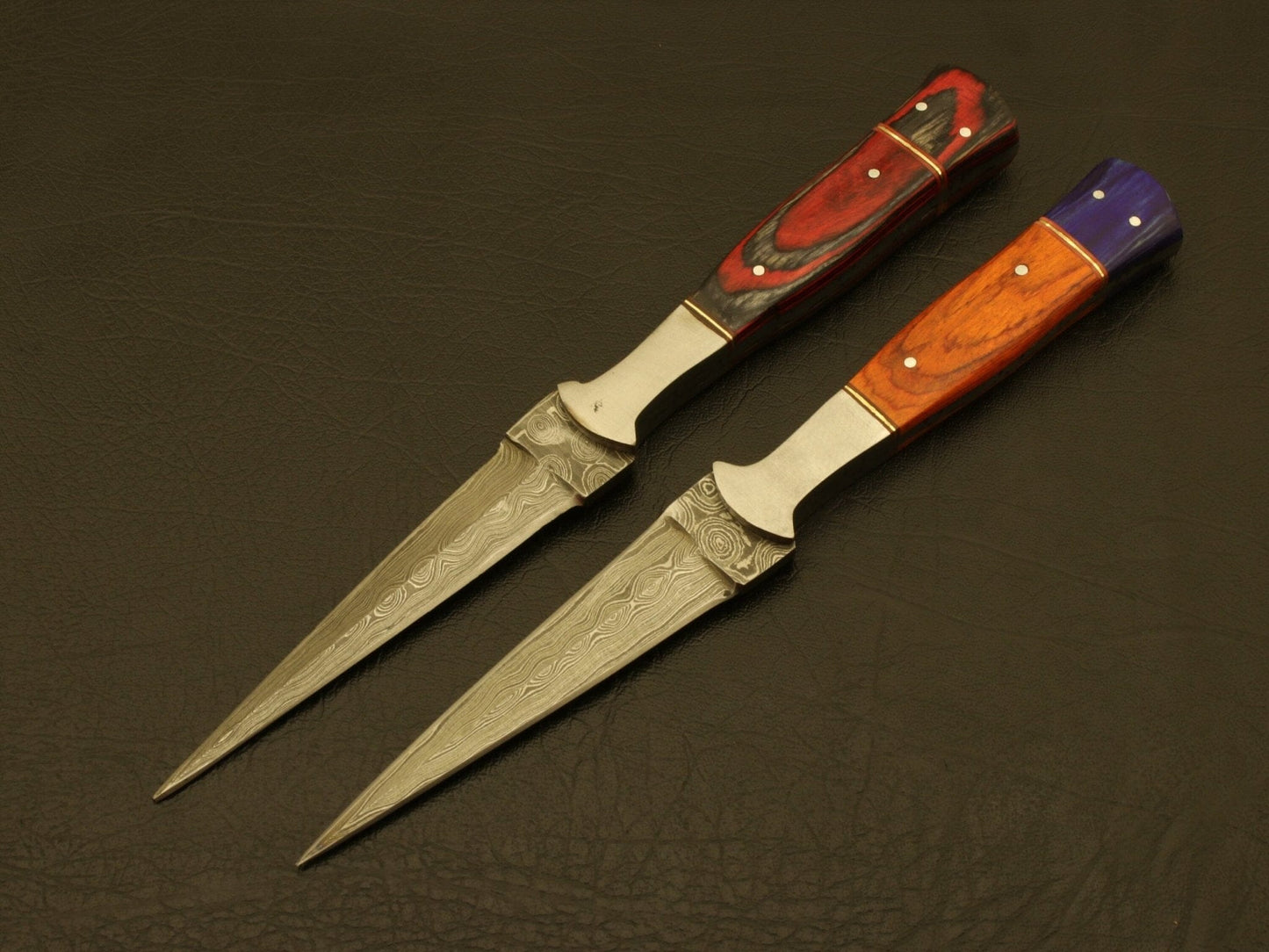 Combo of 2 : Handmade Custom Damascus Steel Hunting Double Edge Dagger Boot Knives with sheath Hunting Terror Defender 