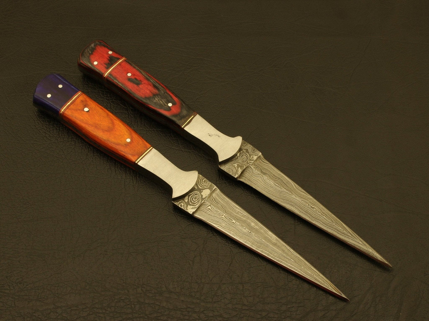 Combo of 2 : Handmade Custom Damascus Steel Hunting Double Edge Dagger Boot Knives with sheath Hunting Terror Defender 