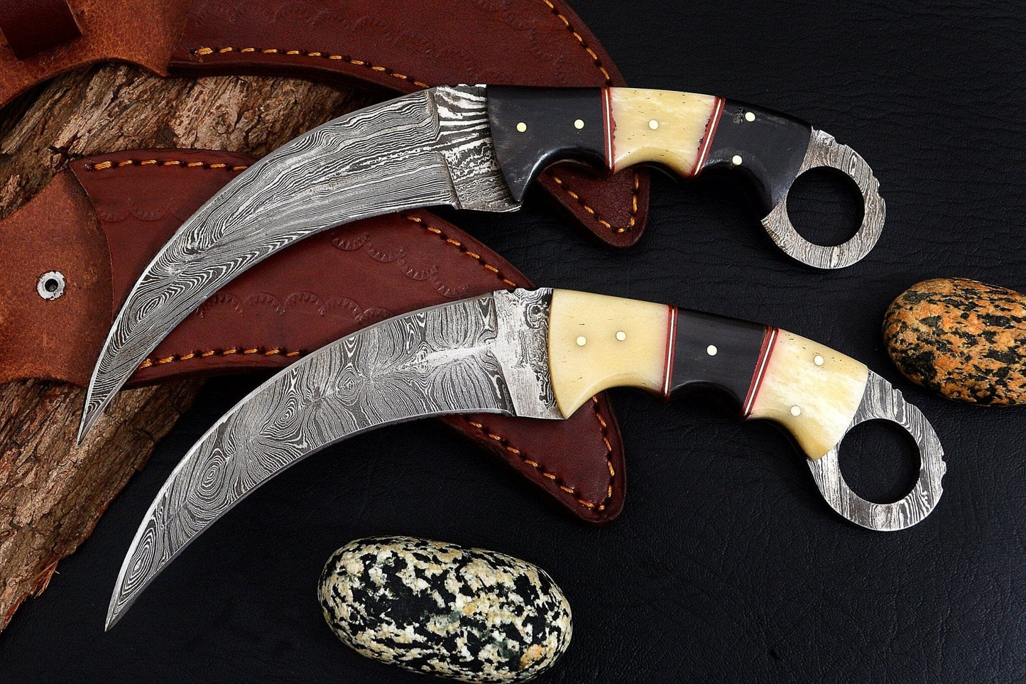 Combo of 2: Handmade Damascus Karambit Knife Handle Made Of Camel Bone And Buffalo Horn Hunting Terror Defender 