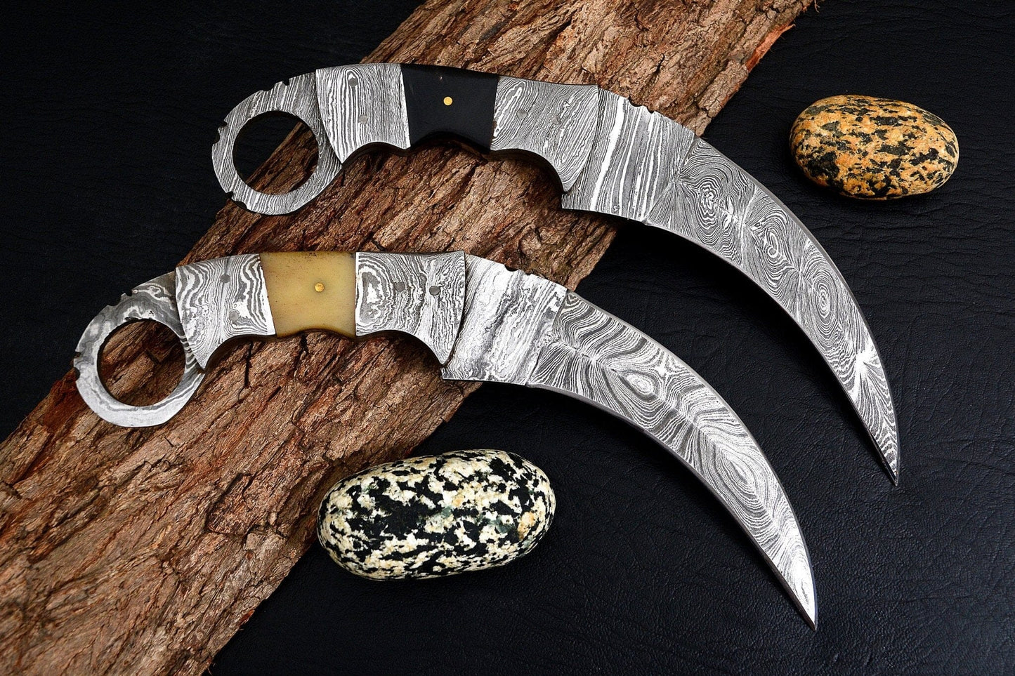 Combo of 2: Handmade Damascus Karambit Knife Handle Made Of Camel Bone And Buffalo Horn Hunting Terror Defender 