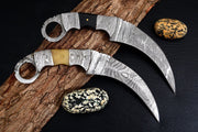 Combo of 2: Handmade Damascus Karambit Knife Handle Made Of Camel Bone And Buffalo Horn Hunting Terror Defender 