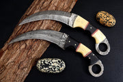 Combo of 2: Handmade Damascus Karambit Knife Handle Made Of Camel Bone And Buffalo Horn Hunting Terror Defender 