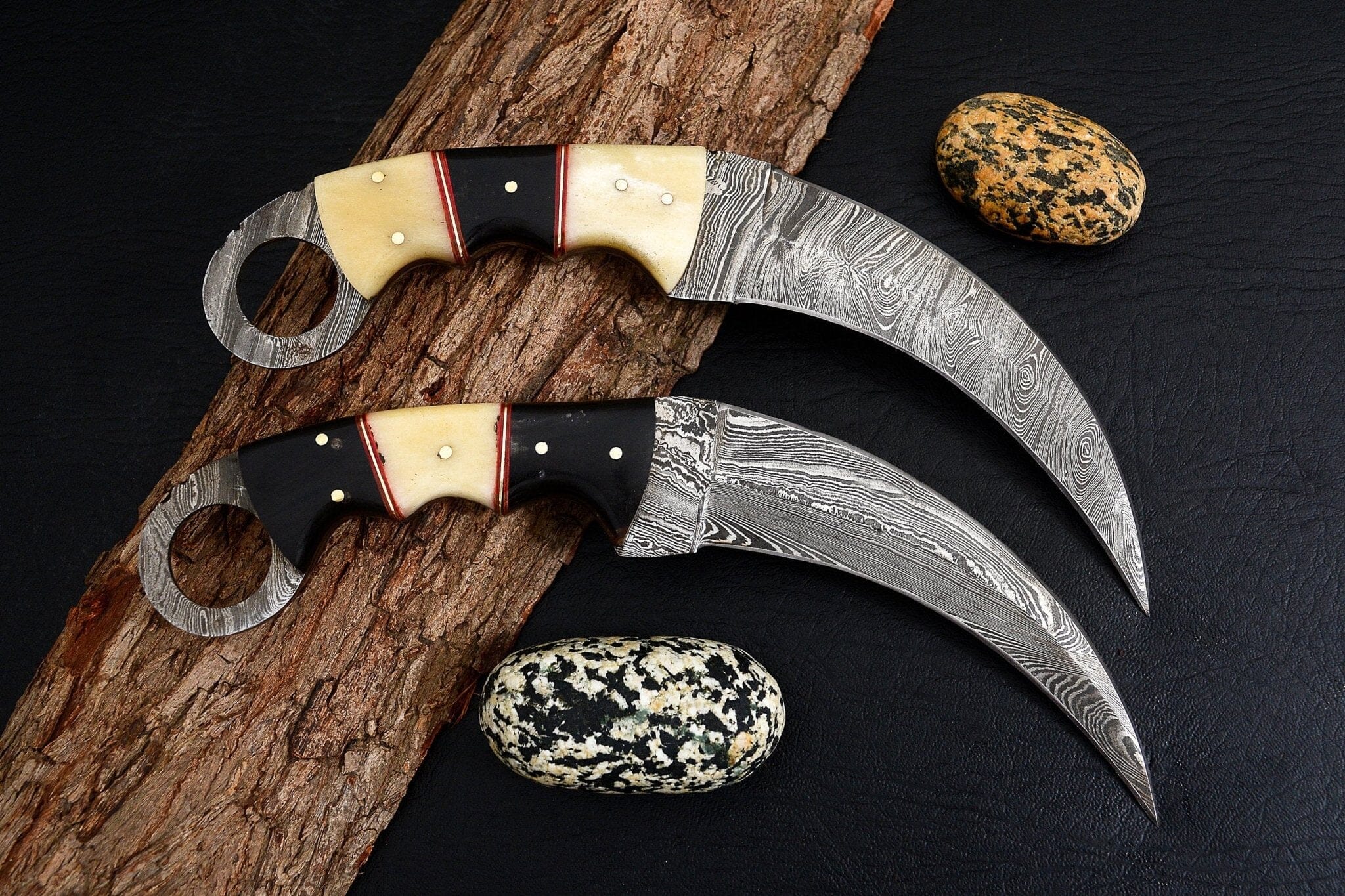 Combo of 2: Handmade Damascus Karambit Knife Handle Made Of Camel Bone And Buffalo Horn Hunting Terror Defender 