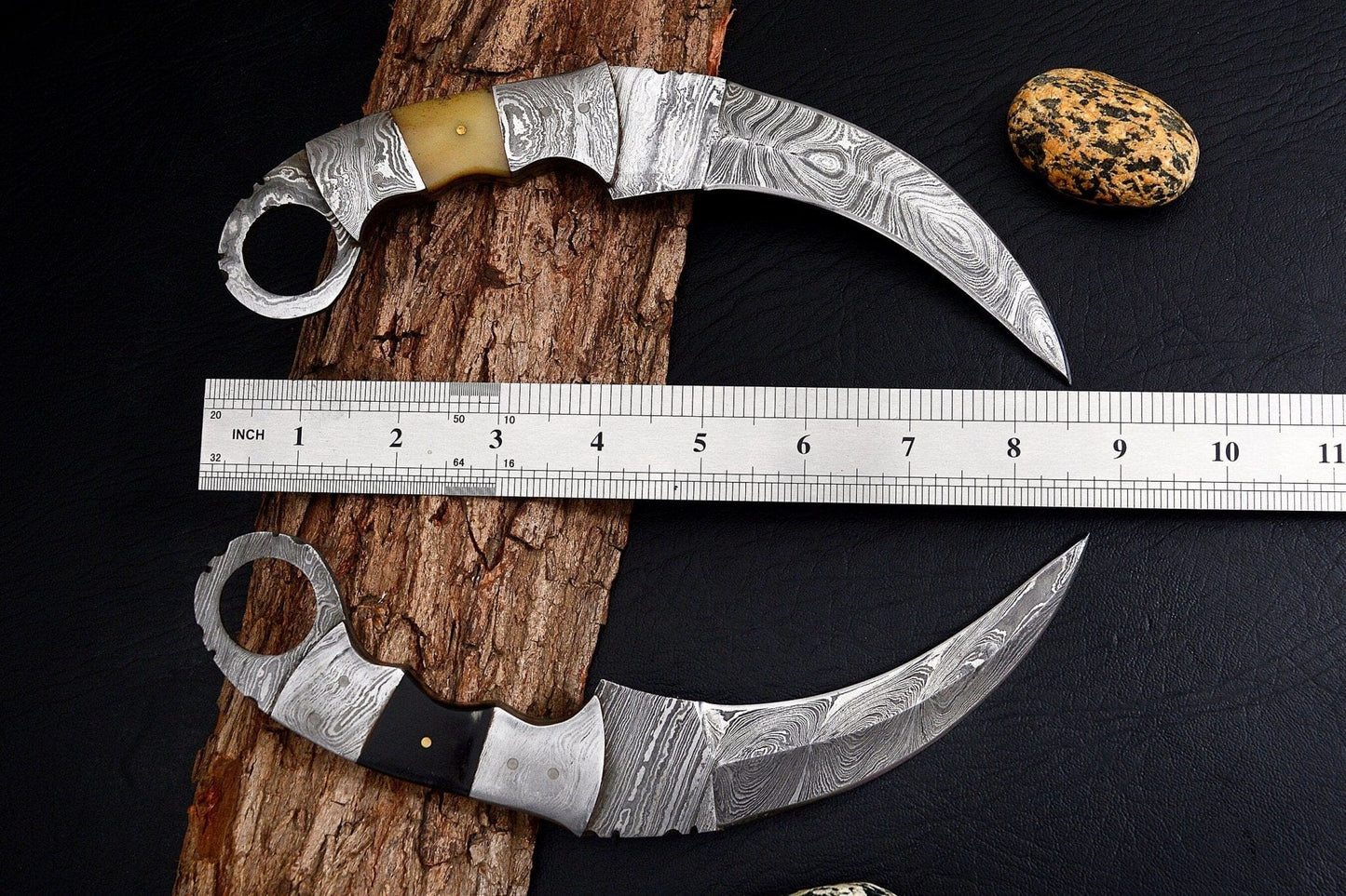 Combo of 2: Handmade Damascus Karambit Knife Handle Made Of Camel Bone And Buffalo Horn Hunting Terror Defender 