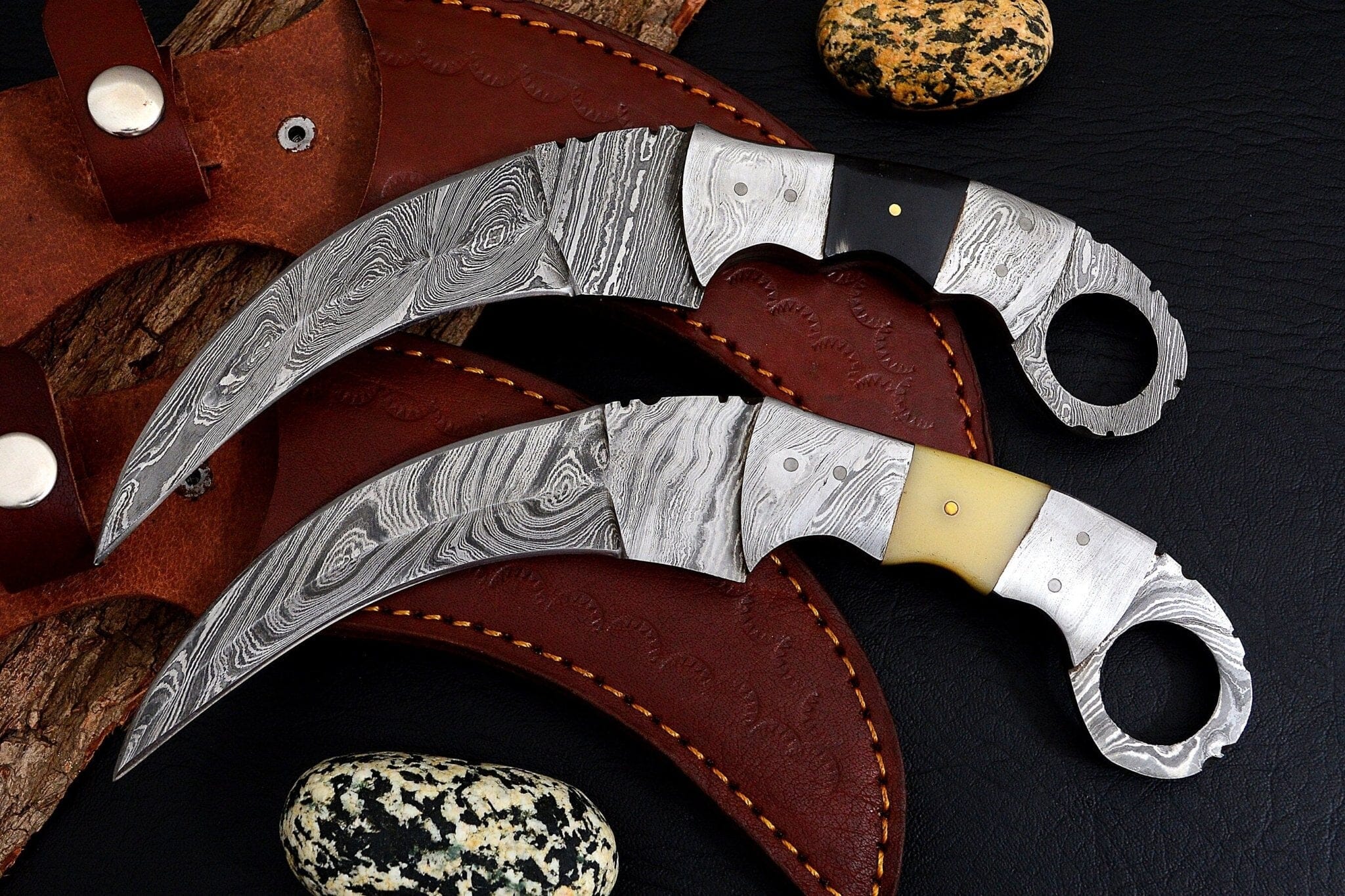 Combo of 2: Handmade Damascus Karambit Knife Handle Made Of Camel Bone And Buffalo Horn Hunting Terror Defender 