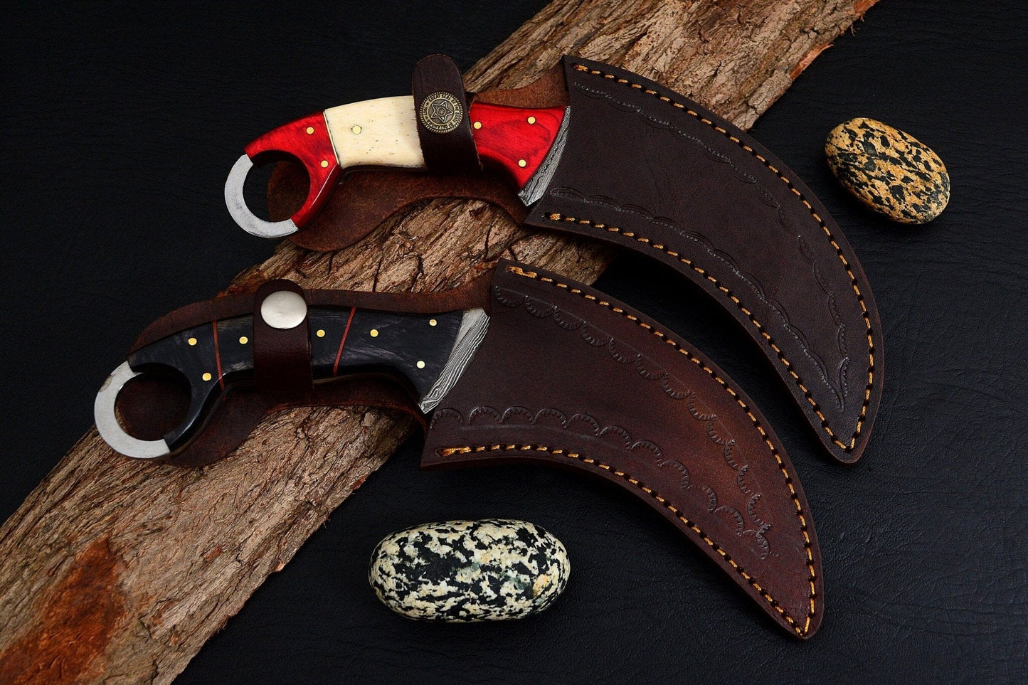 Combo of 2: Handmade Damascus Karambit Knife Handle Made Of Wood Hunting Terror Defender 