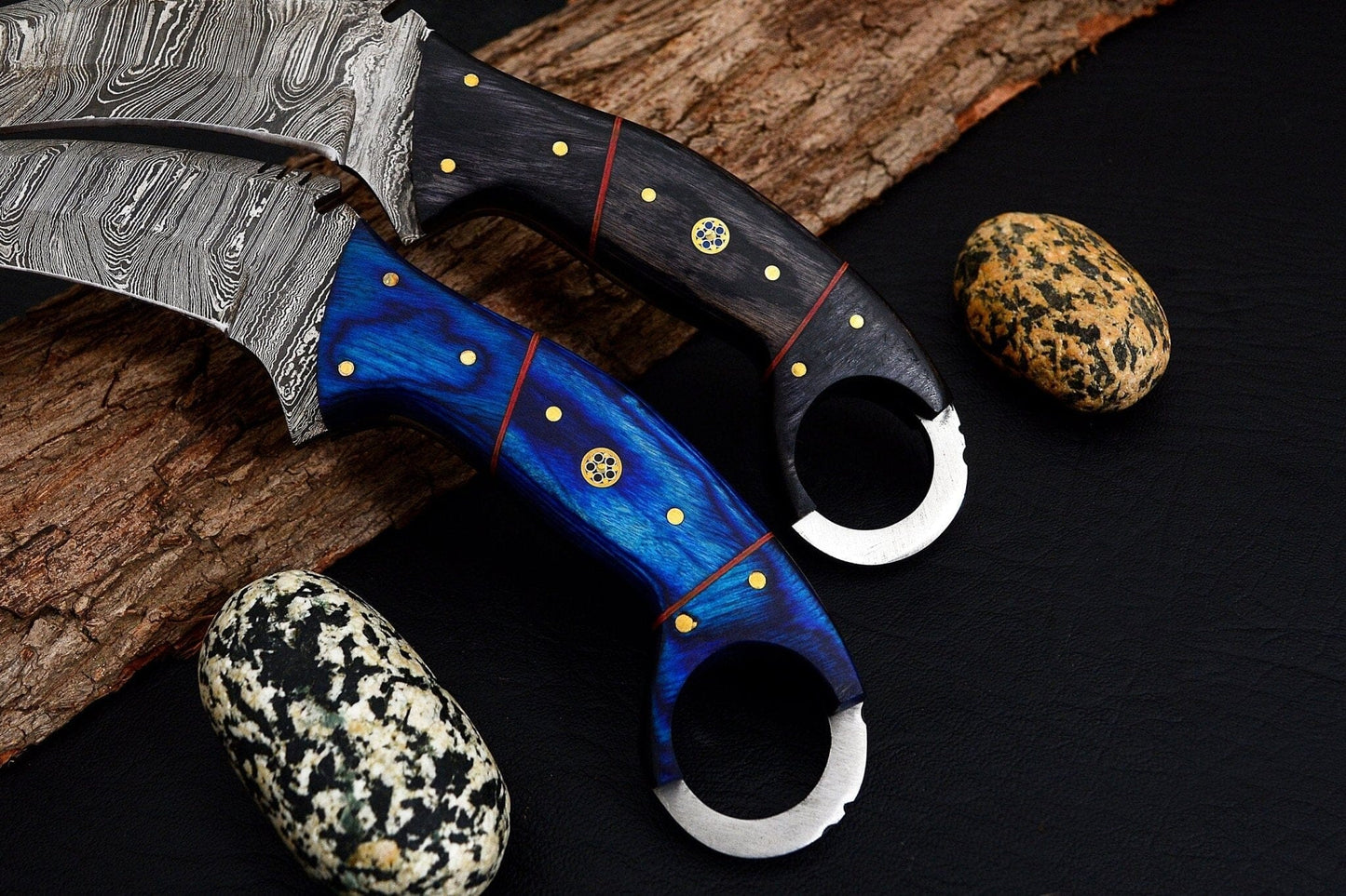 Combo of 2: Handmade Damascus Karambit Knife Handle Made Of Wood Hunting Terror Defender 