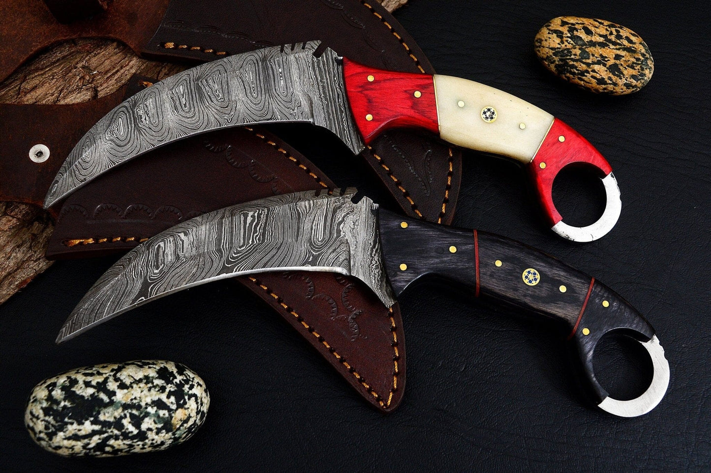 Combo of 2: Handmade Damascus Karambit Knife Handle Made Of Wood Hunting Terror Defender 