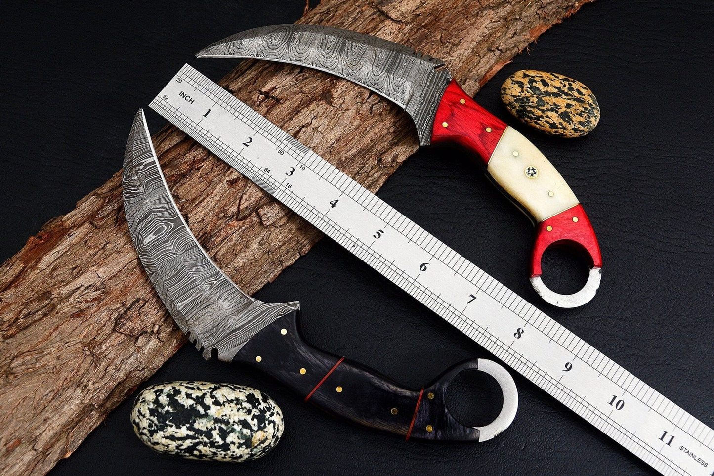 Combo of 2: Handmade Damascus Karambit Knife Handle Made Of Wood Hunting Terror Defender 