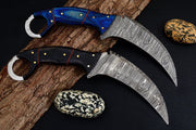 Combo of 2: Handmade Damascus Karambit Knife Handle Made Of Wood Hunting Terror Defender 