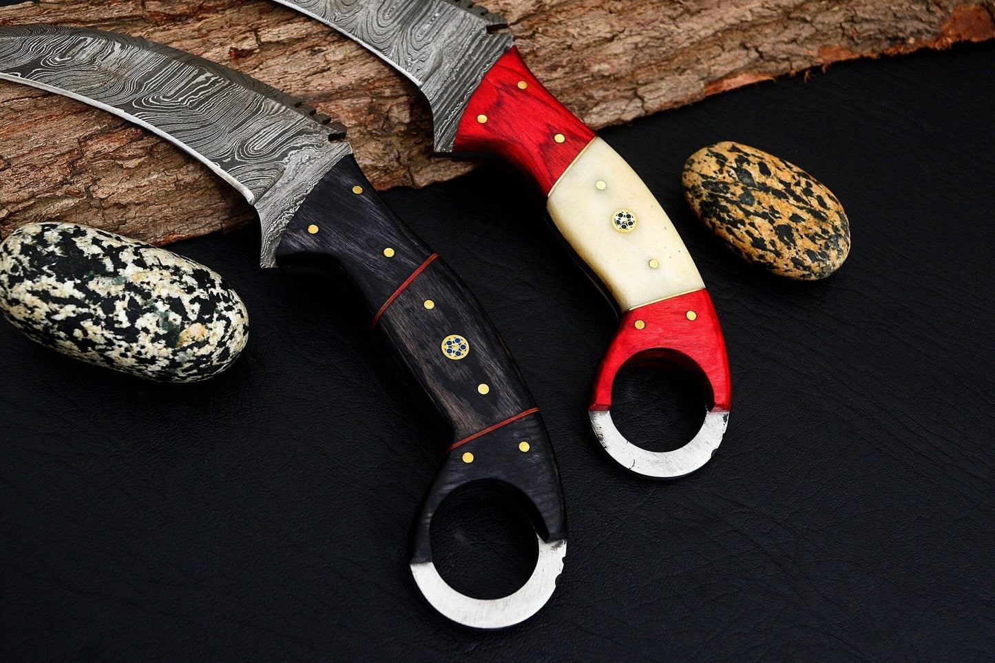 Combo of 2: Handmade Damascus Karambit Knife Handle Made Of Wood Hunting Terror Defender 