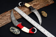 Combo of 2: Handmade Damascus Karambit Knife Handle Made Of Wood Knives Terror Defender 