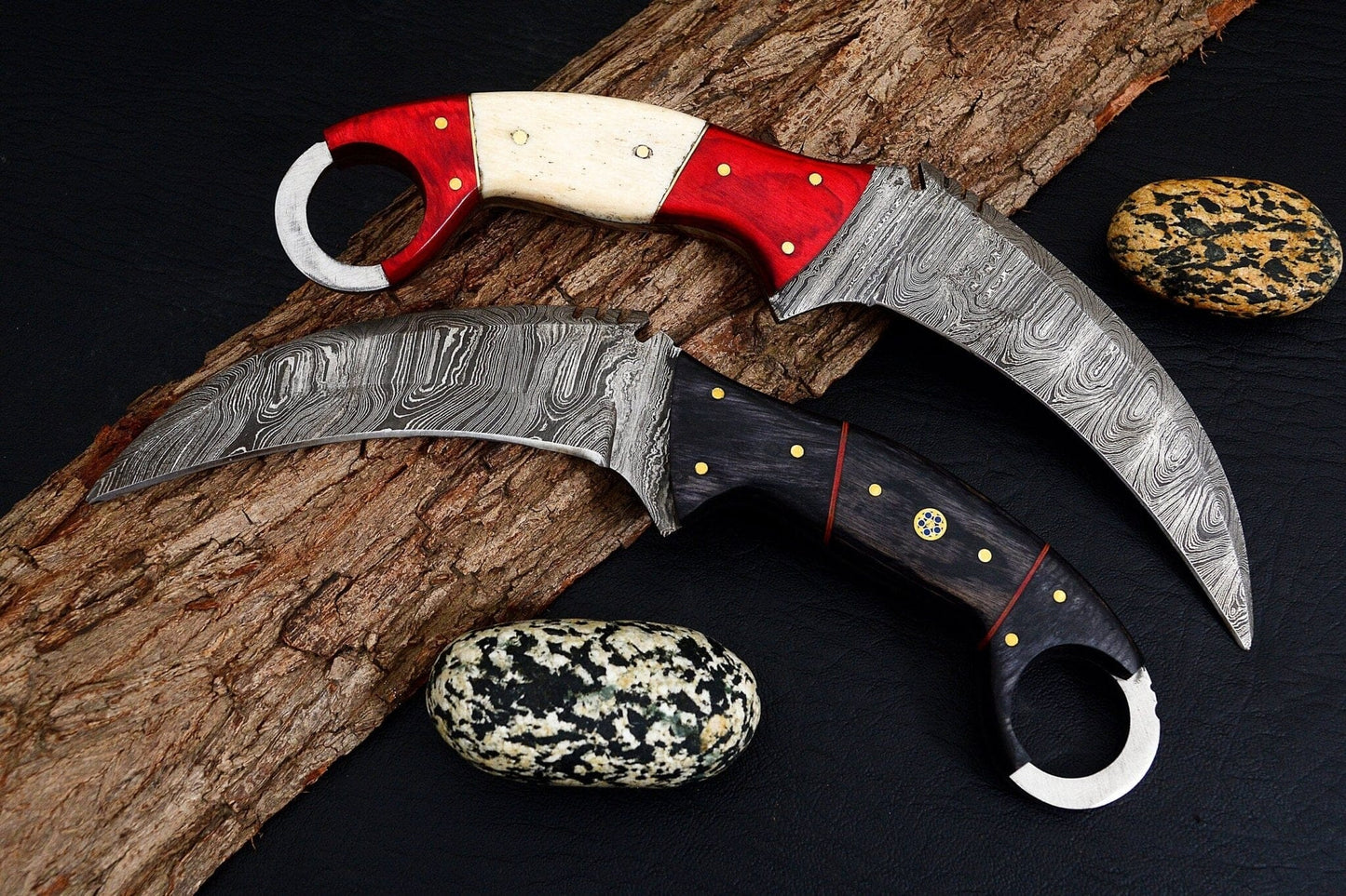 Combo of 2: Handmade Damascus Karambit Knife Handle Made Of Wood Hunting Terror Defender 