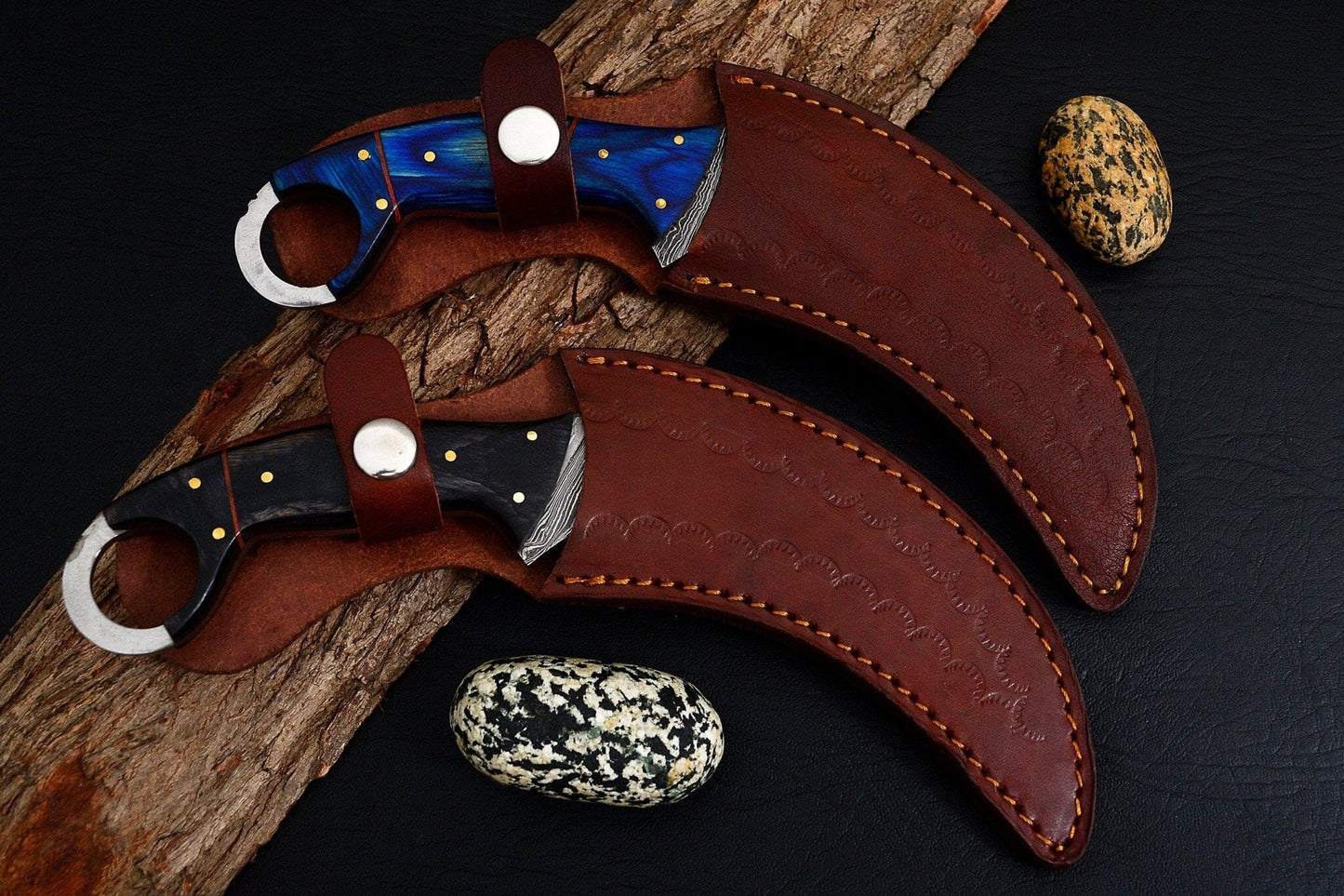 Combo of 2: Handmade Damascus Karambit Knife Handle Made Of Wood Hunting Terror Defender 