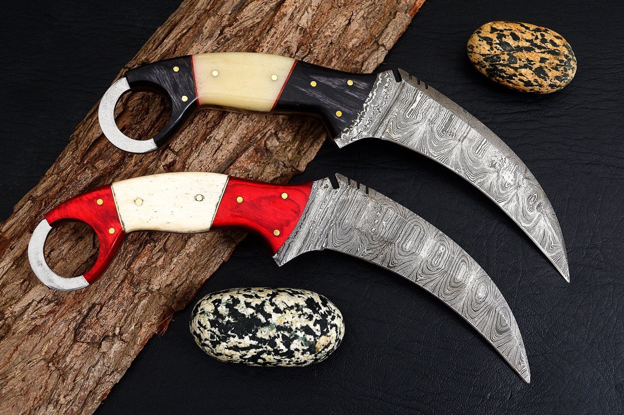 Combo of 2: Handmade Damascus Karambit Knife Handle Made Of Wood Knives Terror Defender 