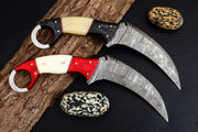 Combo of 2: Handmade Damascus Karambit Knife Handle Made Of Wood Knives Terror Defender 