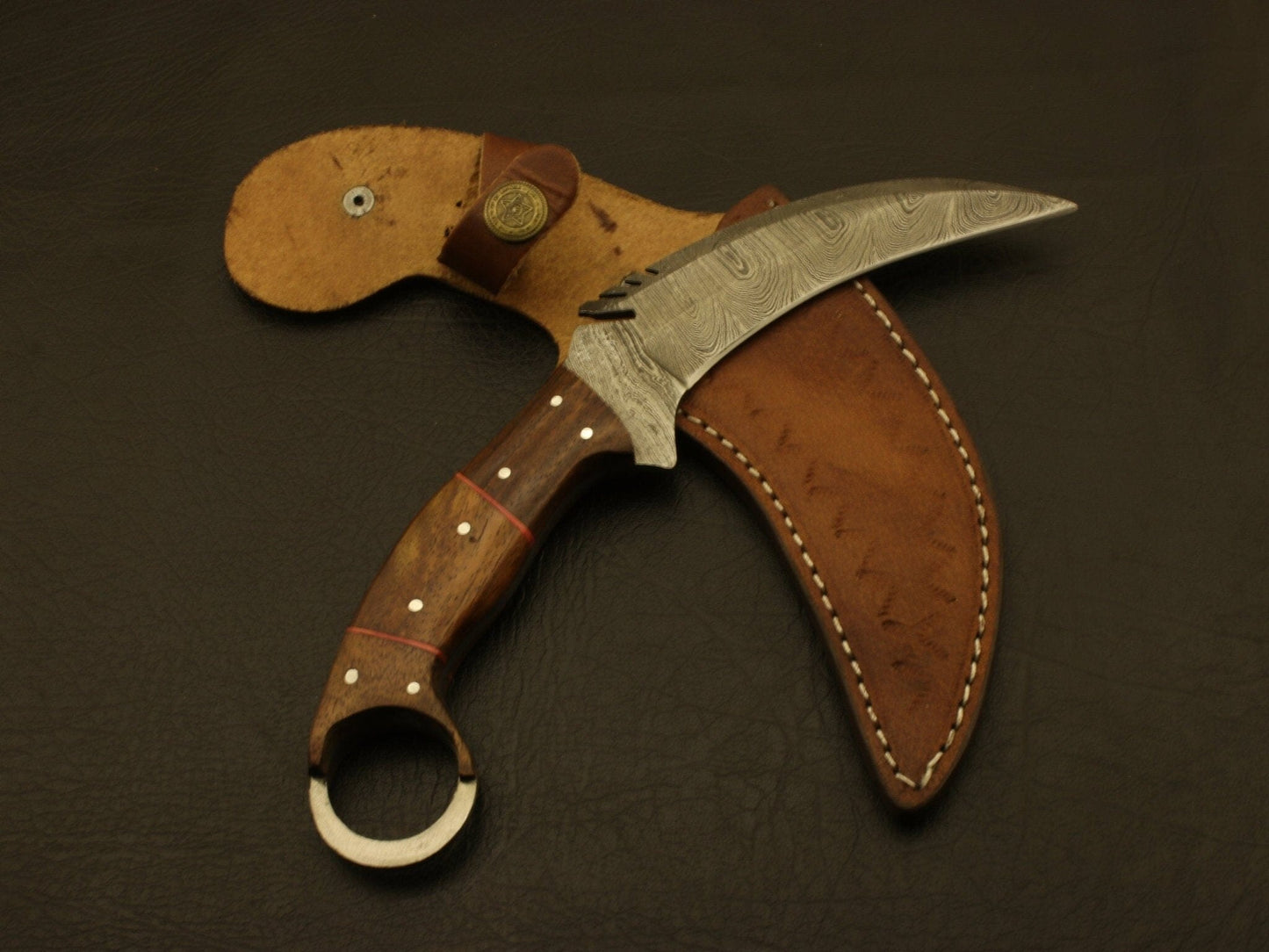 Custom handmade Damascus steel karambit knife handle with Rose wood /sheath Hunting Terror Defender 