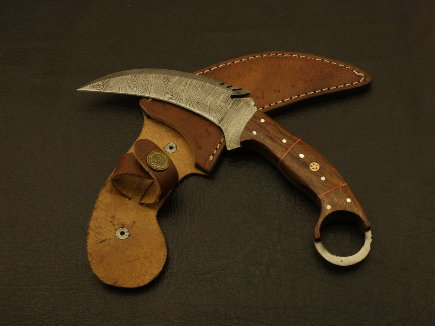 Custom handmade Damascus steel karambit knife handle with Rose wood /sheath Hunting Terror Defender 