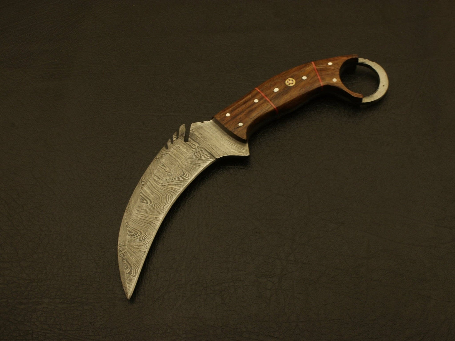 Custom handmade Damascus steel karambit knife handle with Rose wood /sheath Hunting Terror Defender 