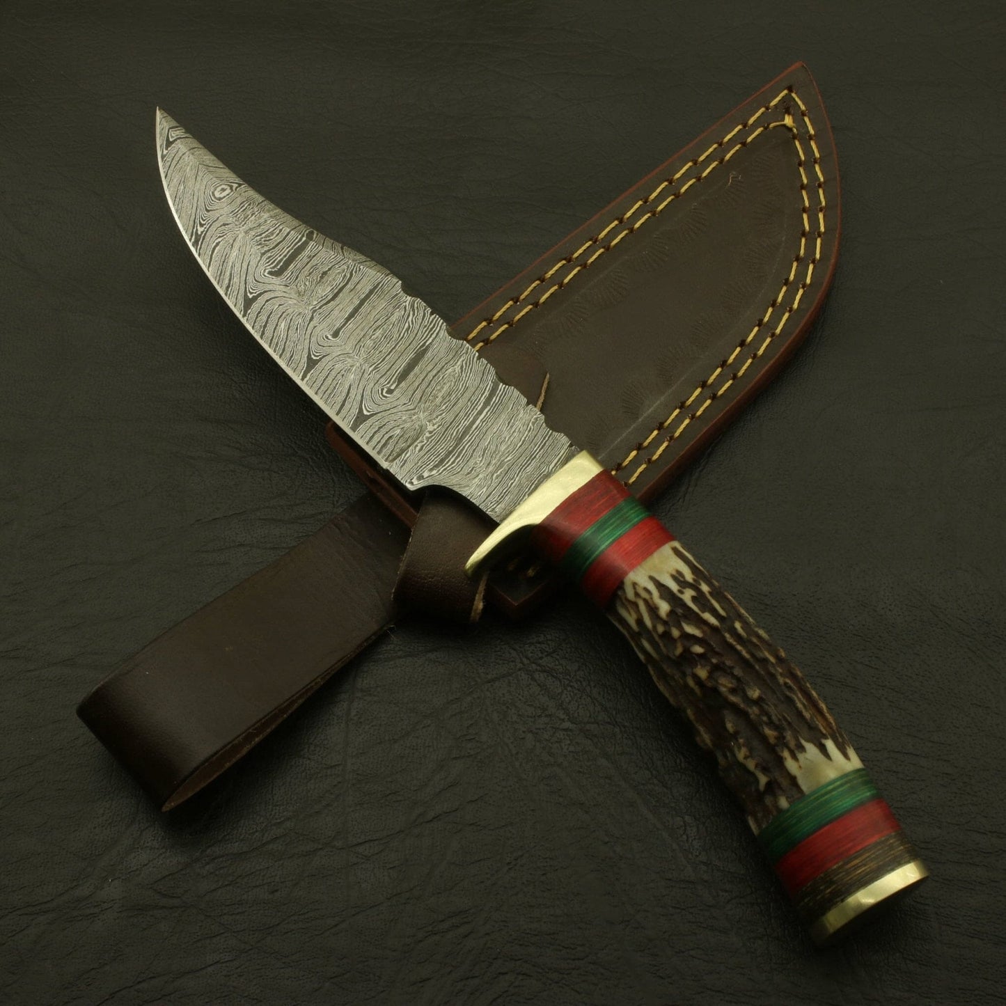 Custom Made Hand Forged Damascus Hunting/skinning Knife - Stag/antler Hand with Sheath Hunting Terror Defender 