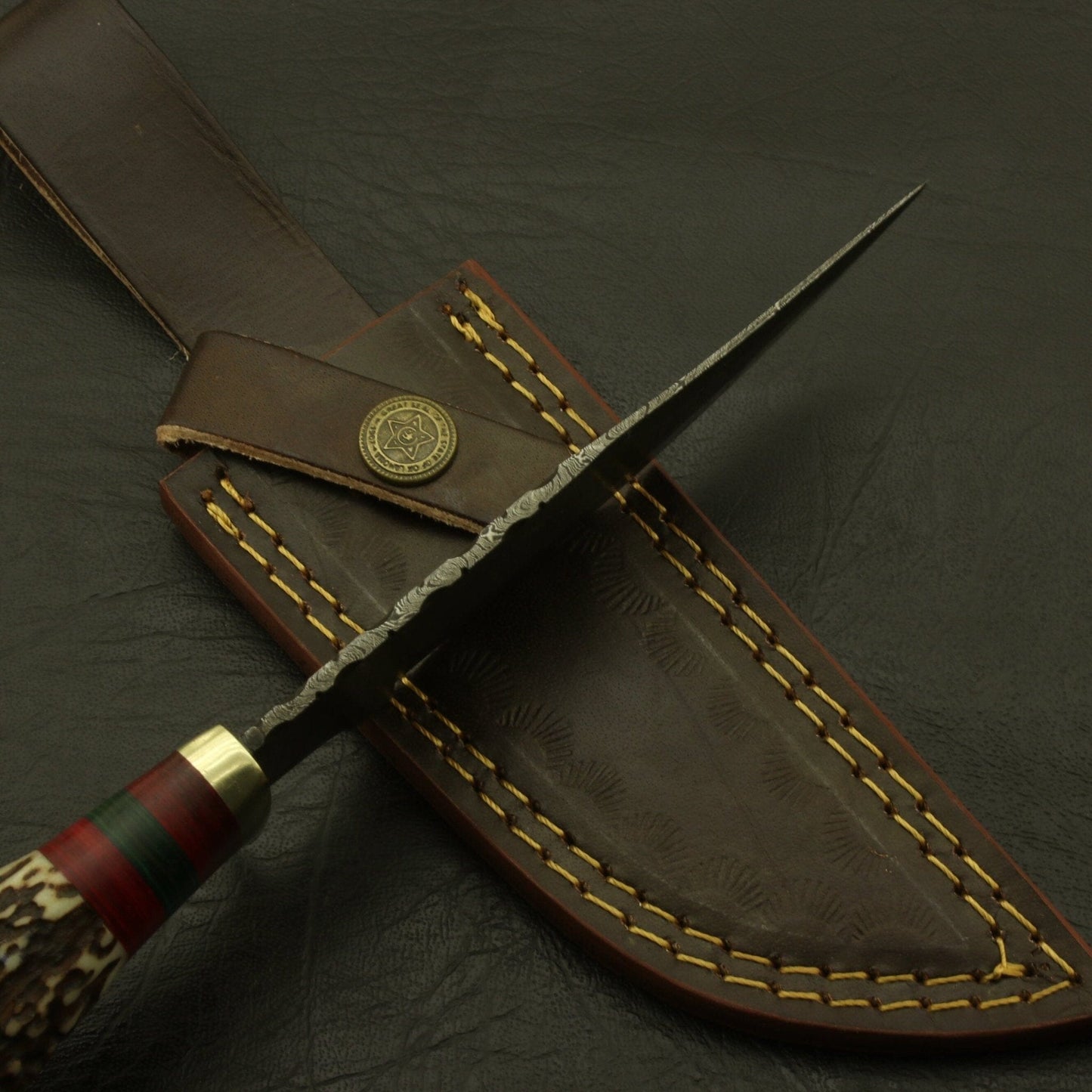 Custom Made Hand Forged Damascus Hunting/skinning Knife - Stag/antler Hand with Sheath Hunting Terror Defender 