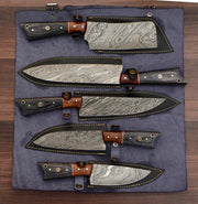 Handmade Damascus Chef set Of 5 With Leather Cover | Knives Terror Defender 