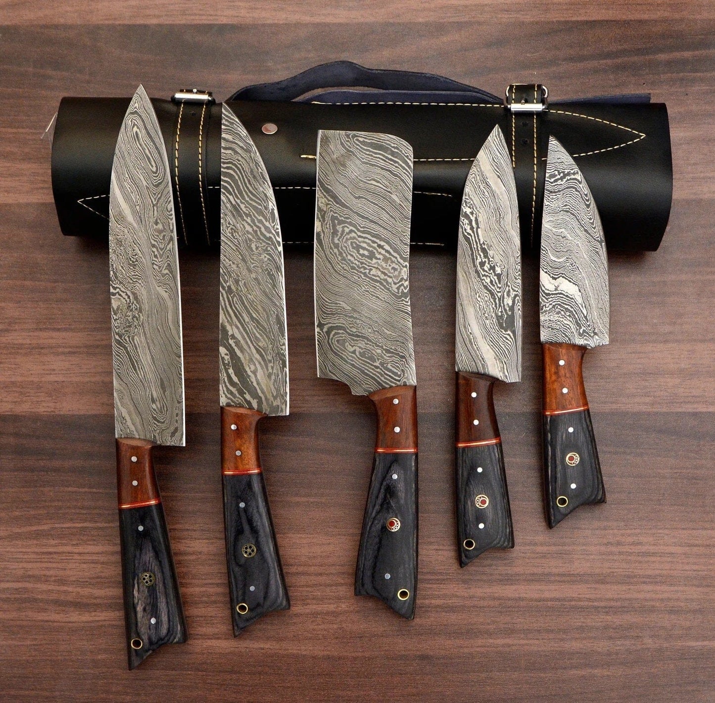 Handmade Damascus Chef set Of 5 With Leather Cover | Knives Terror Defender 