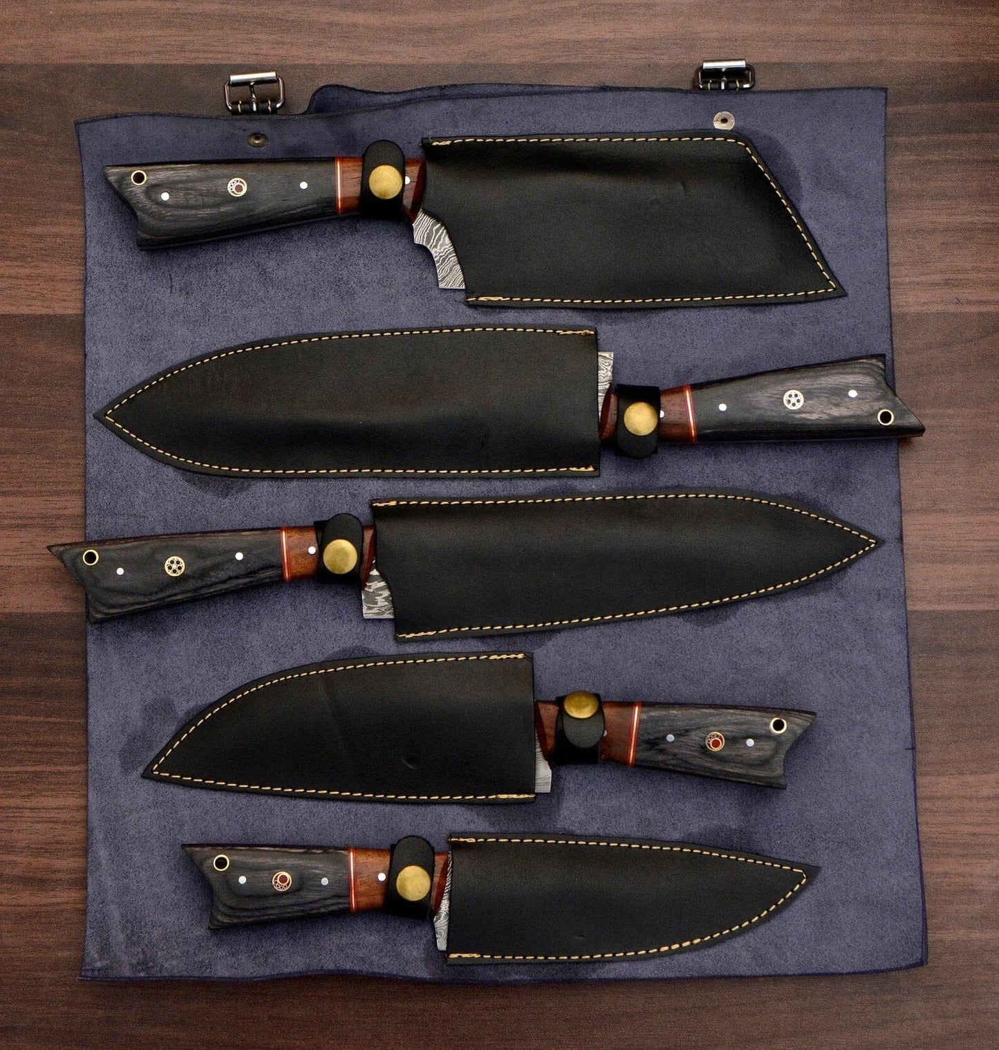 Handmade Damascus Chef set Of 5 With Leather Cover | Knives Terror Defender 