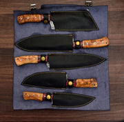 Handmade Damascus Chef Set Of 5 With Leather Sheath Knives Terror Defender 