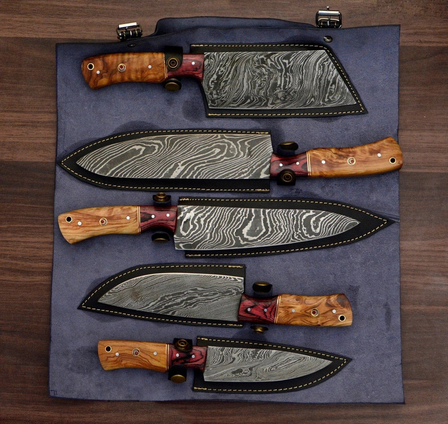 Handmade Damascus Chef Set Of 5 With Leather Sheath Knives Terror Defender 