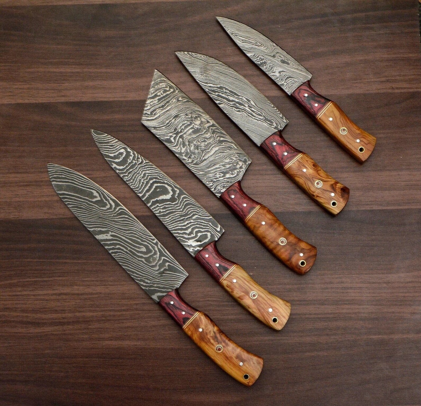 Handmade Damascus Chef Set Of 5 With Leather Sheath Knives Terror Defender 