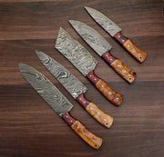 Handmade Damascus Chef Set Of 5 With Leather Sheath Knives Terror Defender 