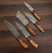 Handmade Damascus Chef Set Of 5 With Leather Sheath Knives Terror Defender 