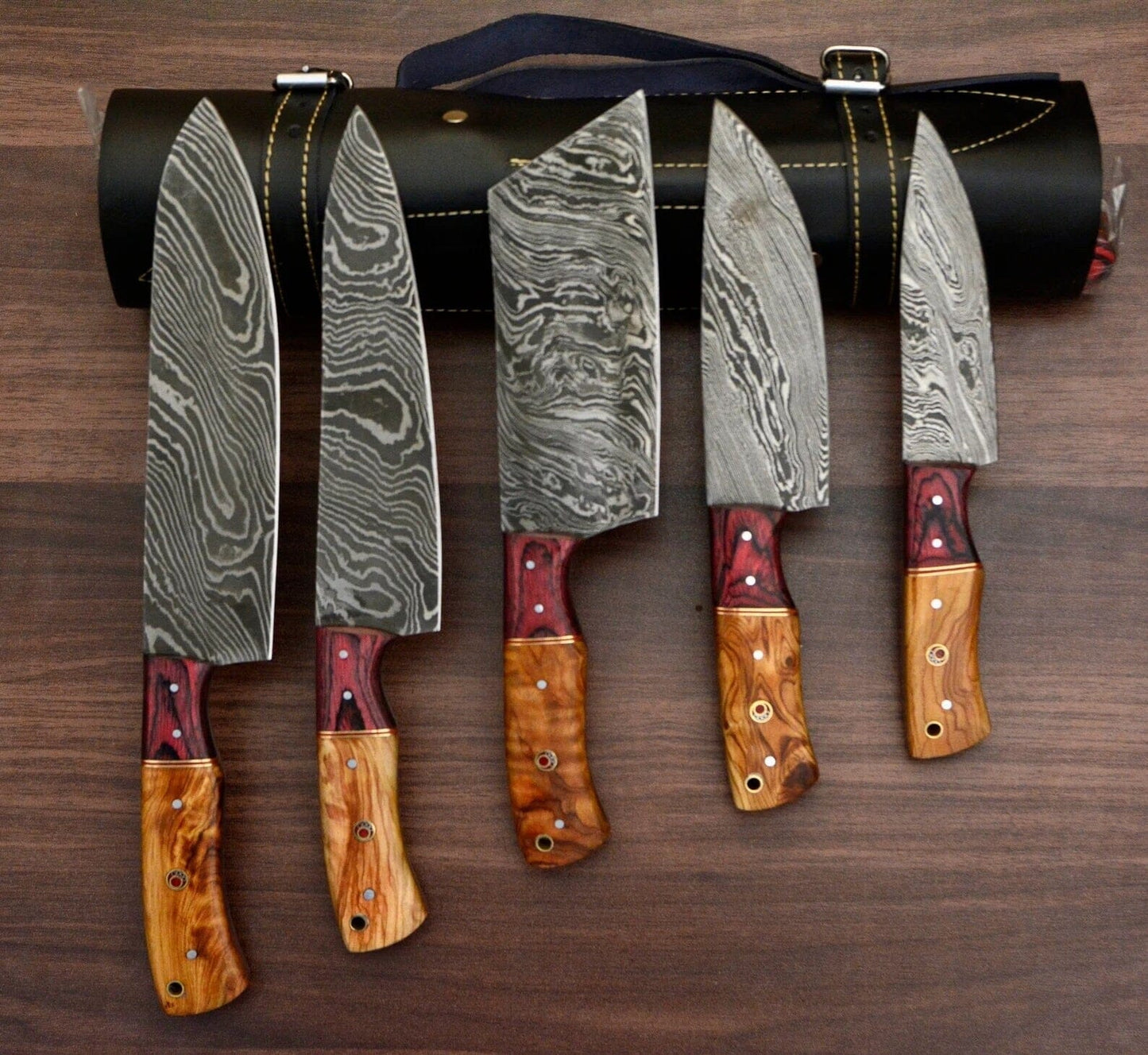 Handmade Damascus Chef Set Of 5 With Leather Sheath Knives Terror Defender 