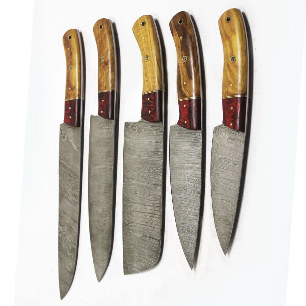 Handmade Damascus Chef Set Of 5 With Leather Sheath | Customize Your Personal Handle Knives Terror Defender 