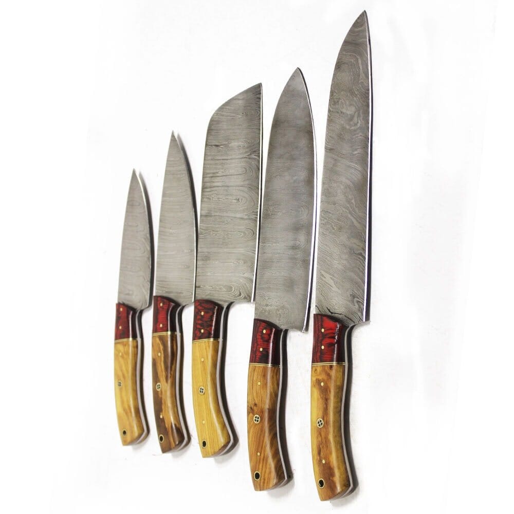 Handmade Damascus Chef Set Of 5 With Leather Sheath | Customize Your Personal Handle Knives Terror Defender 